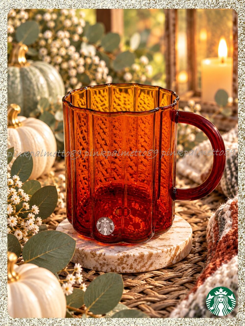 🍂🎃 NWT 2026 Starbucks Fall Brown-Amber Flower-Scalloped 14oz Glass Mug
